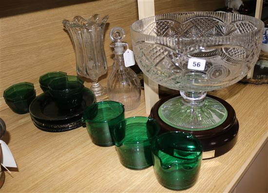 A Collection of green glassware, a cut glass pedestal bowl, etc